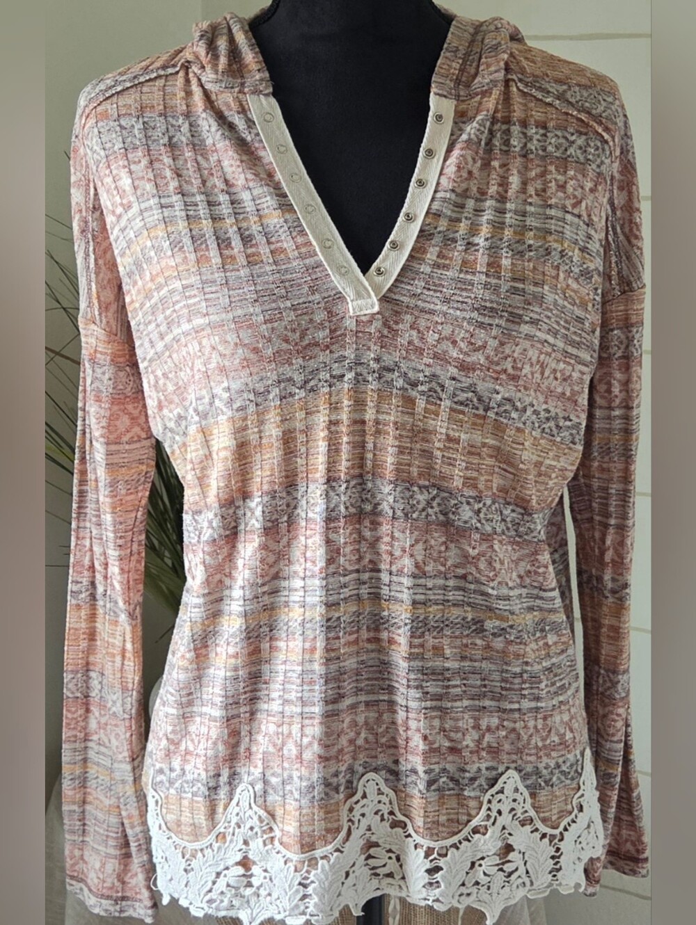 REWIND Striped Knit Hoodie Lace Henley Top Boho Coastal Festival Pullover Large
